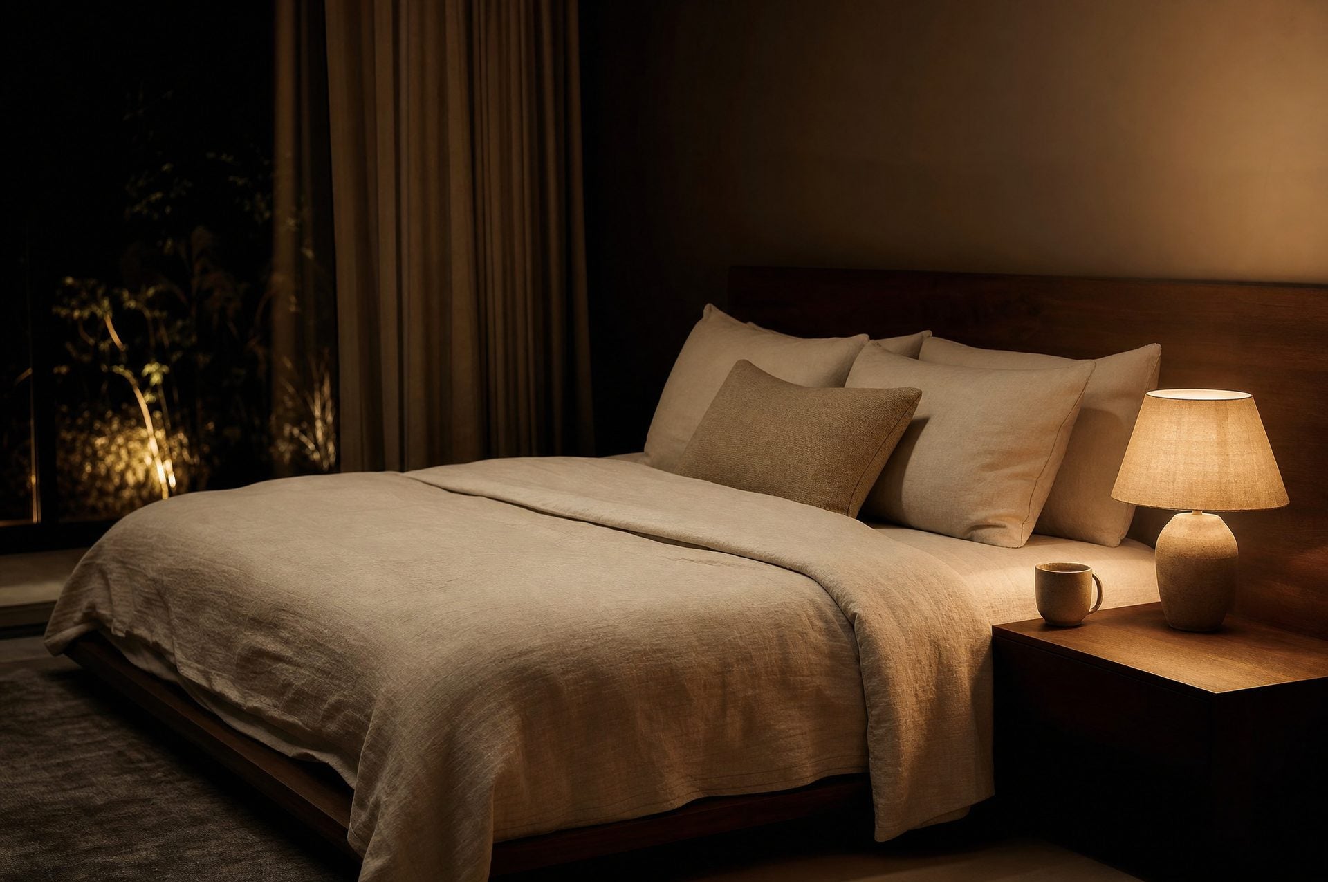 Ruhiges, dunkles Schlafzimmer mit Leinenbett und warmem Lampenlicht auf dem Nachttisch