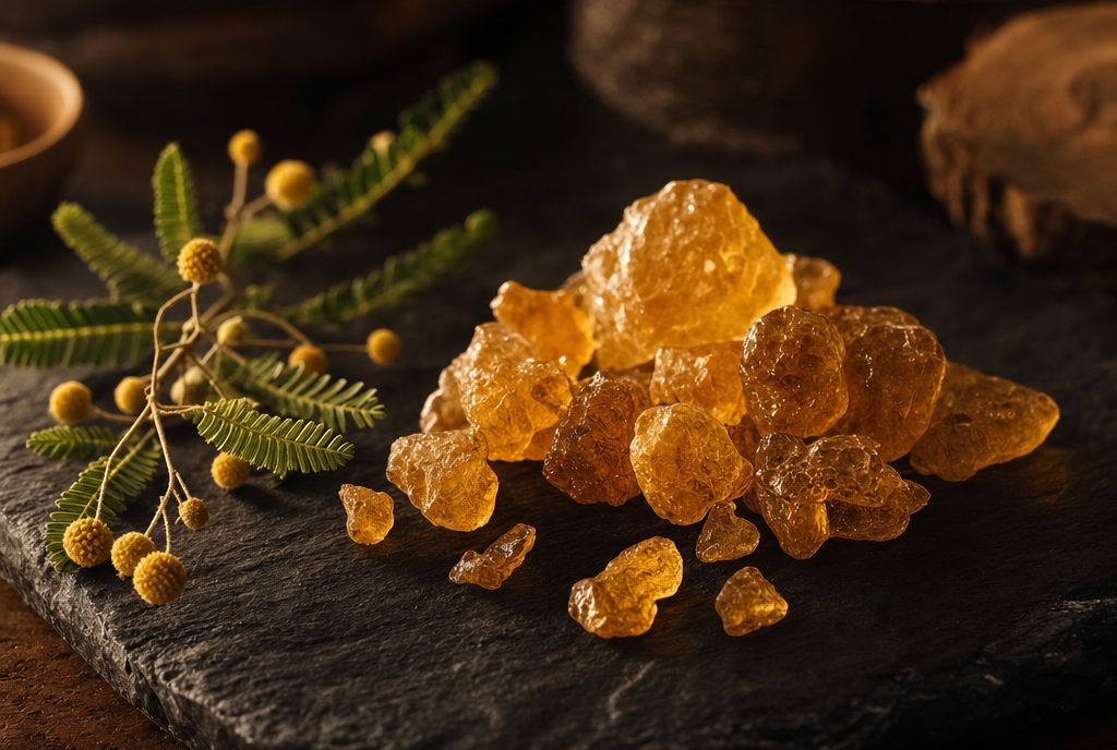 Goldenes Akazienharz mit Akazienzweig auf dunklem Stein