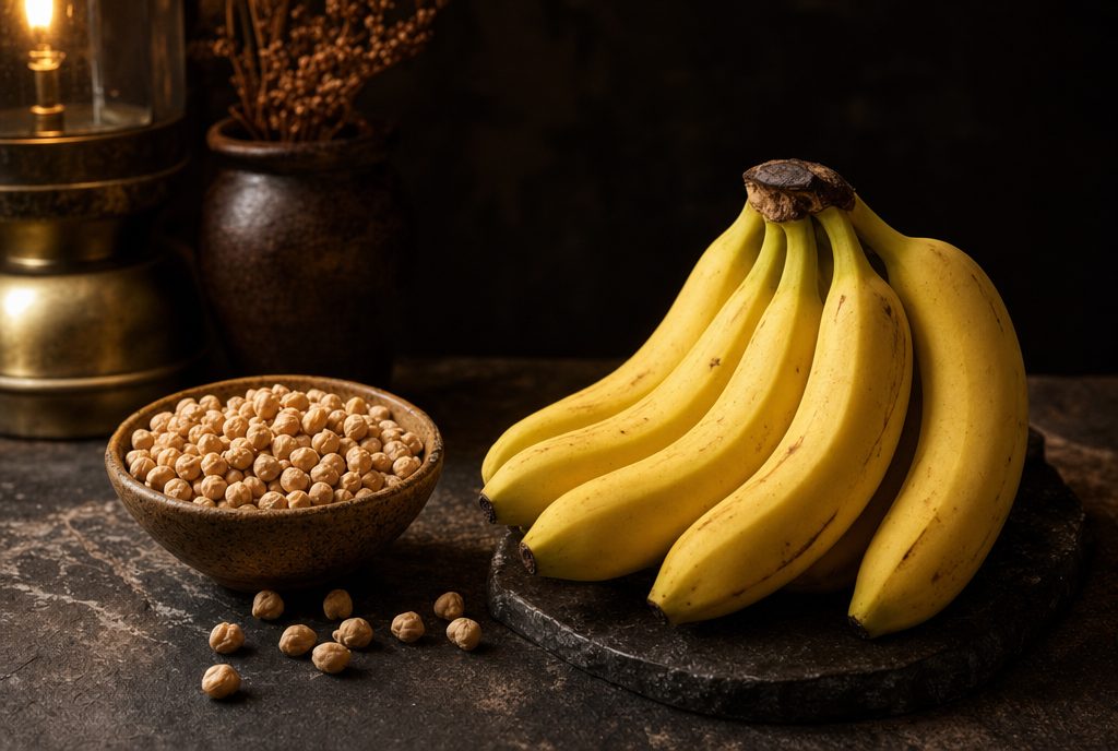 Bananen und Kichererbsen, natürliche B6-Quellen, auf dunklem Stein