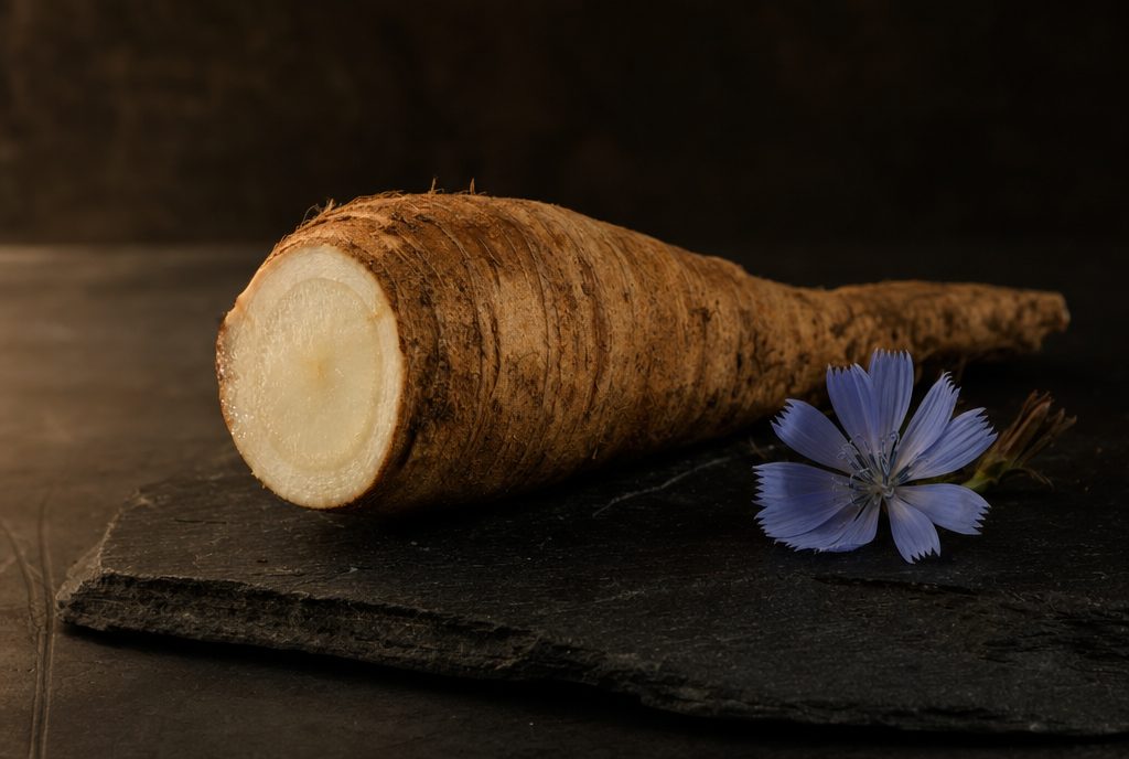 Chicorée-Wurzel mit blauer Chicorée-Blüte auf dunklem Stein