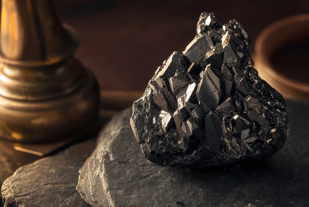 Dunkles kristallines Chrom-Mineral auf dunklem Stein