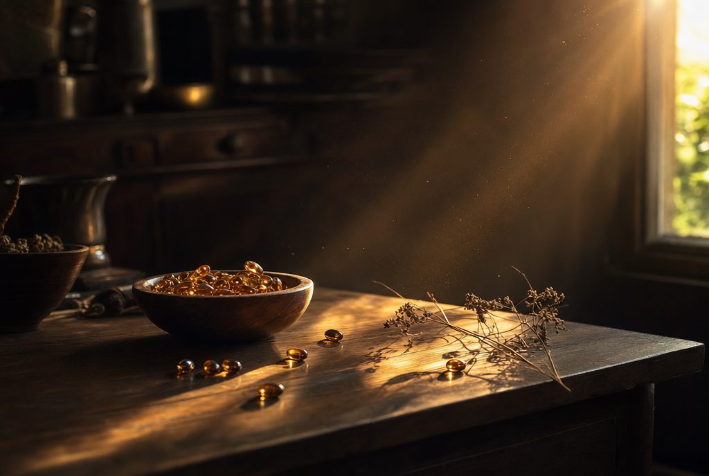 Warmer Sonnenstrahl auf einem dunklen Holztisch