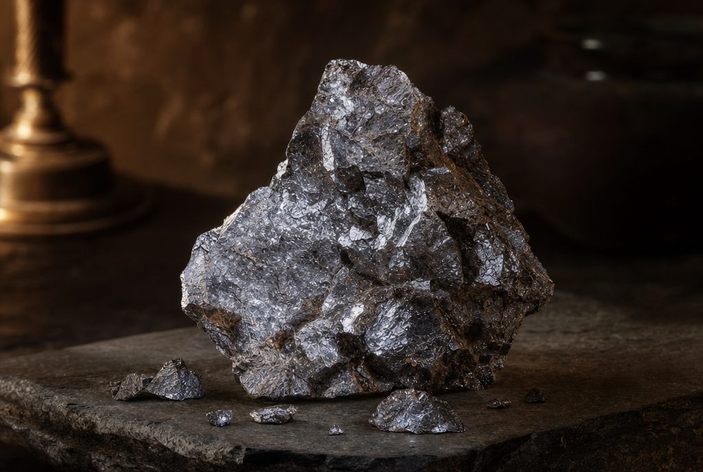 Metallisch glänzendes Zink-Mineral auf dunklem Stein