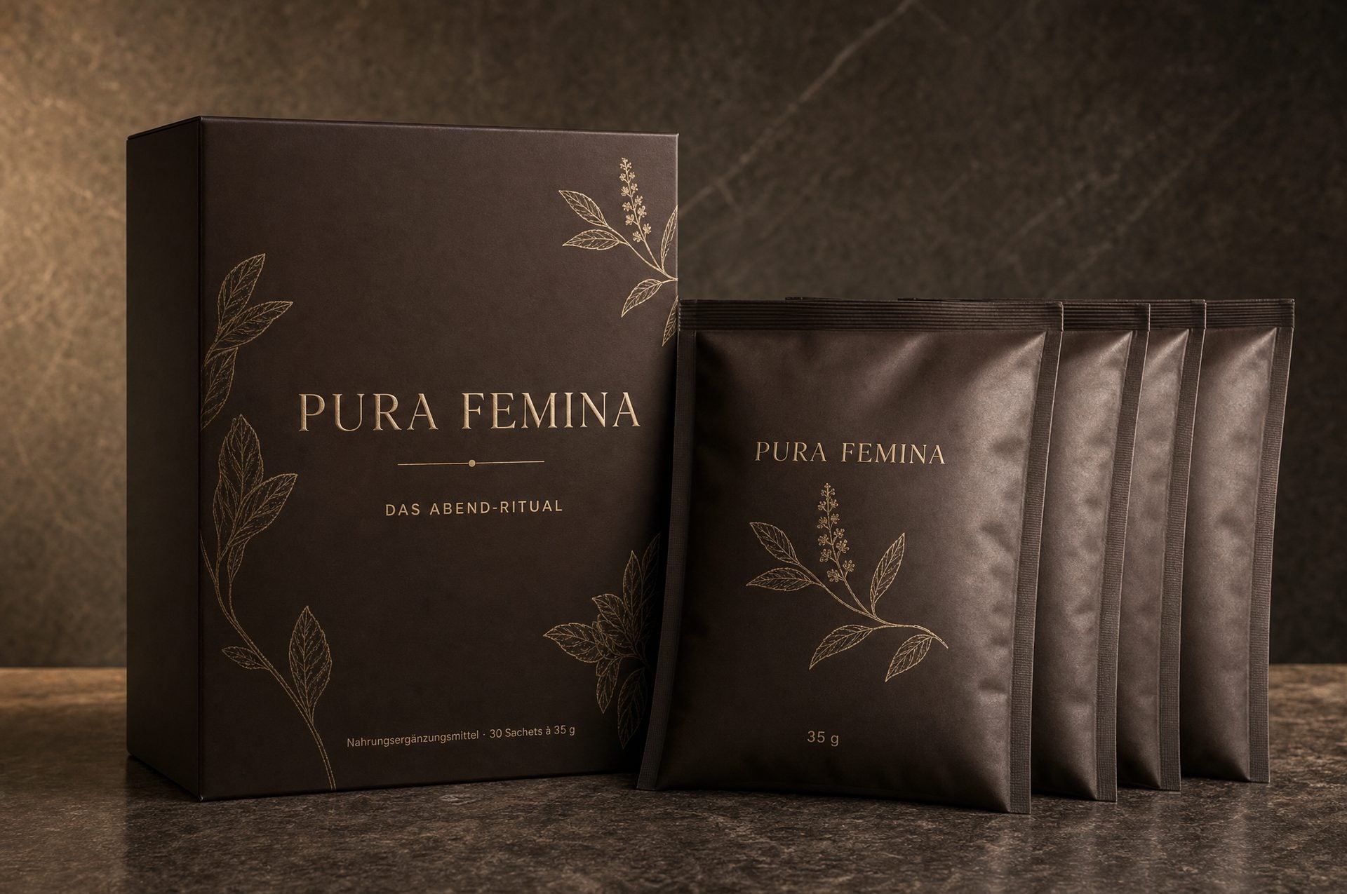 Pura Femina: dunkle Faltschachtel mit Sachets in Golddruck auf Stein